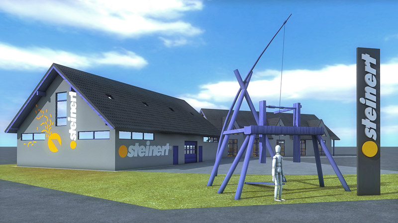 Erscheinungsbild CI an Architektur mit Stele und Skulptur